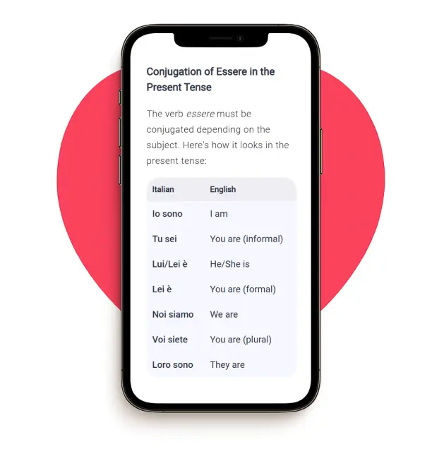 A phone with grammar explanation over a fuksia cirle